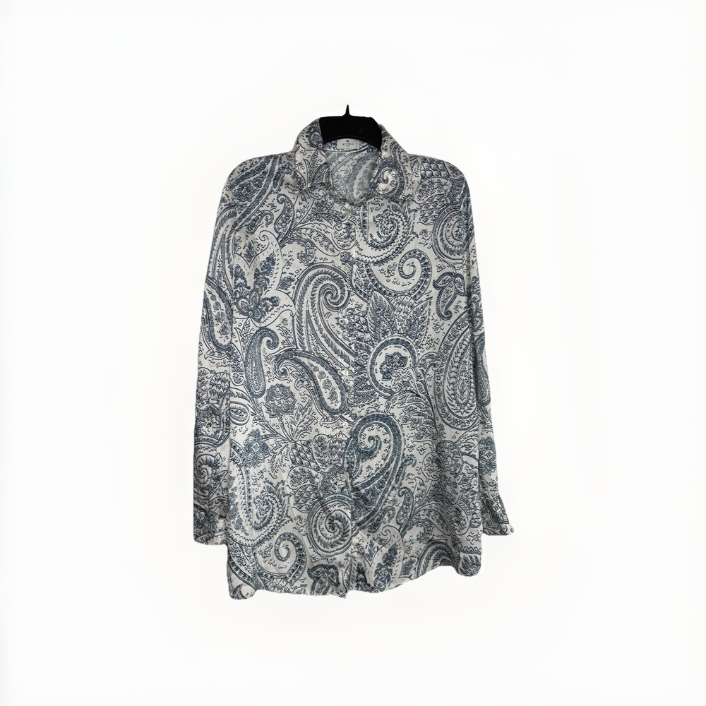 Etro Milano Womens Paisley Button‎ Front Shirt Blouse Blue And White Italy Sz 44